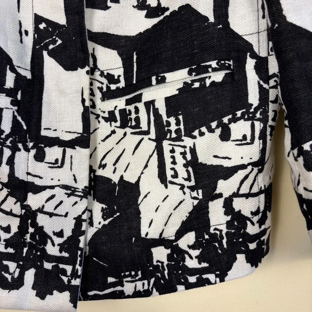 TORY BURCH‎ 100% Linen Jacquard Jacket Black/White Women Size 2 Front Zip Casual